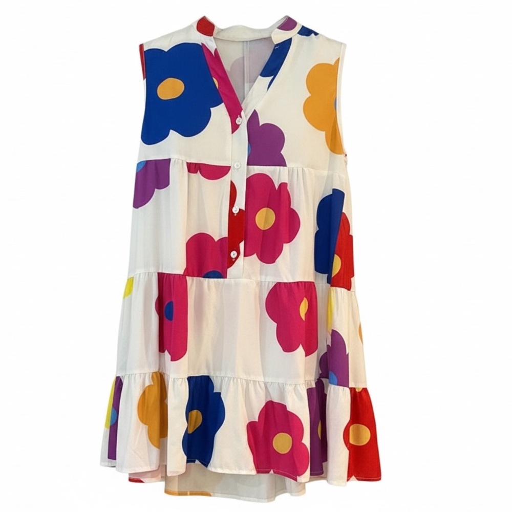 SHEIN White Tiered Sleeveless Dress with Multicolor Floral Print